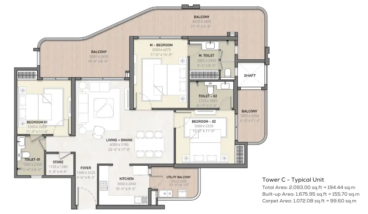 3 BHK Large Floor Plan 2093 Sq.Ft.