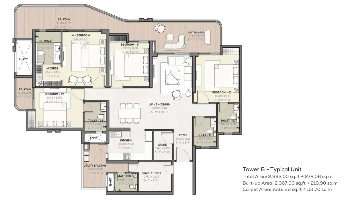 4 BHK Floor Plan 2993 Sq.Ft.